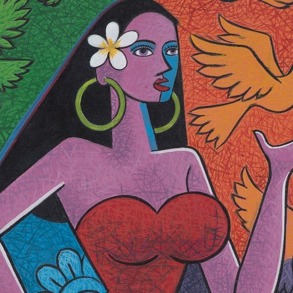 Alternate image for Signed Unstretched Expressionist and Cubist Acrylic Painting Women Want to Be at Peace