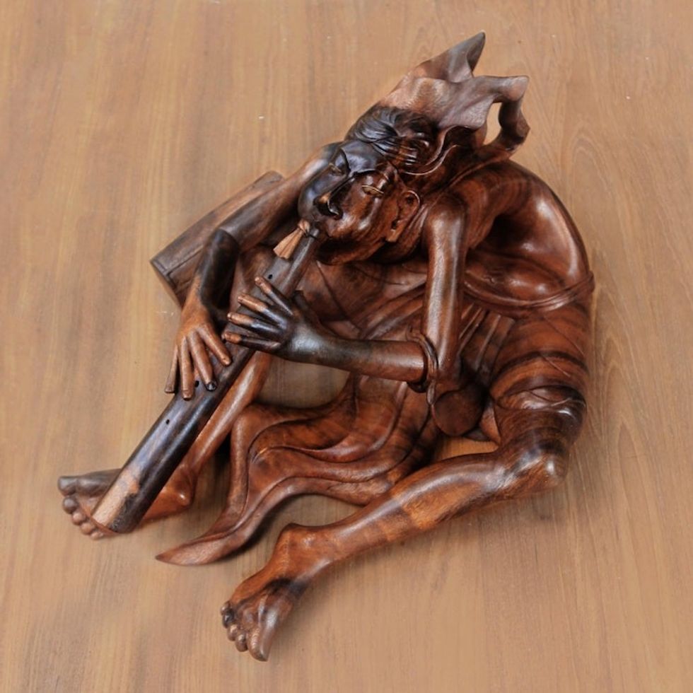 Signed Suar Wood Flutist Sculpture from Bali 'Balinese Flutist'