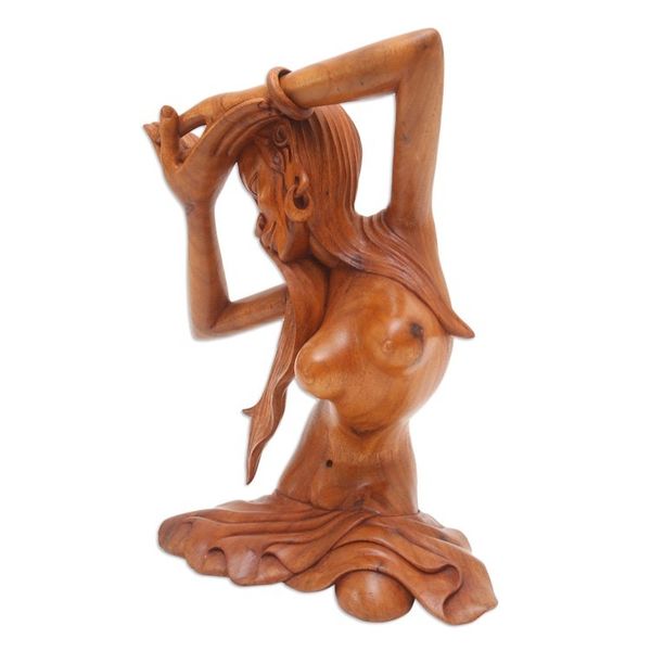 Alternate image for Hand Carved Suar Wood Woman Statuette from Bali Gadisku