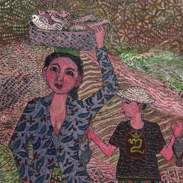 Alternate image for Signed Naif Painting of Two Villagers 2019 Fishing