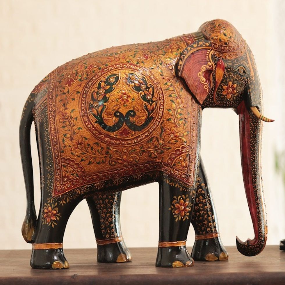 Hand-Painted Wood Sculpture 'Royal Elephant of Jaipur'