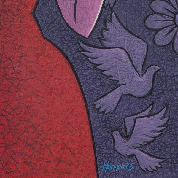 Alternate image for Signed Unstretched Expressionist and Cubist Acrylic Painting Women Want to Be at Peace