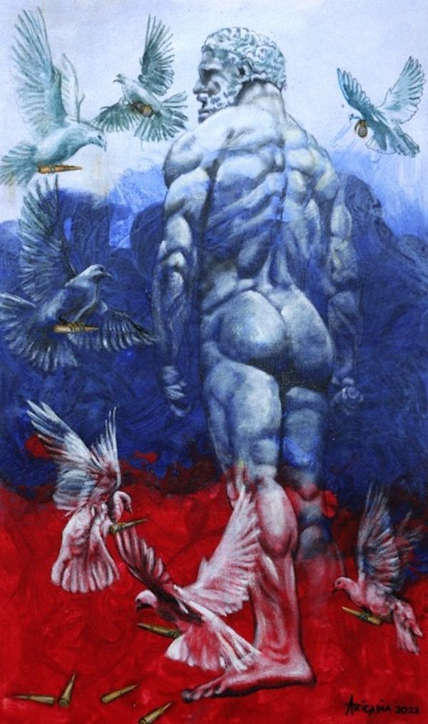 Alternate image for Signed Expressionist Peace Painting of a Man and Doves Peaceful Heart