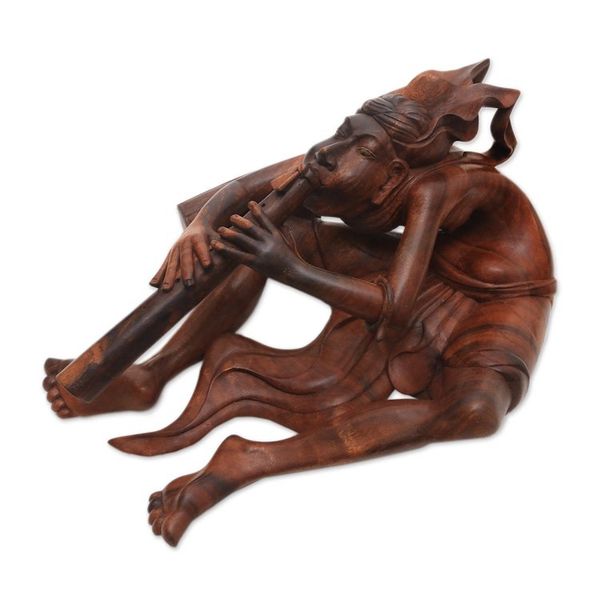 Alternate image for Signed Suar Wood Flutist Sculpture from Bali Balinese Flutist