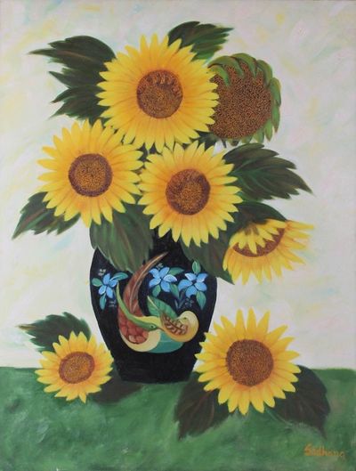 Alternate image for Sunflower Bouquet Oil on Canvas Painting from India Sunflower Splendor