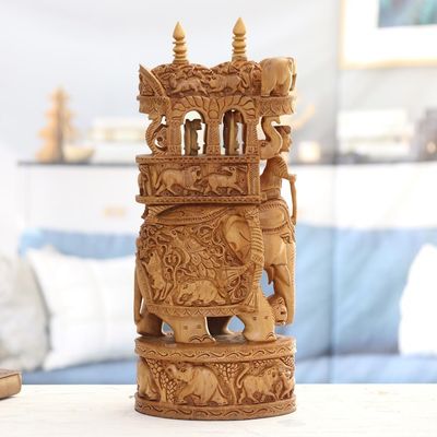 Alternate image for Elephant Wood Sculpture Exquisitely Hand-Carved in India Elephant Joyride