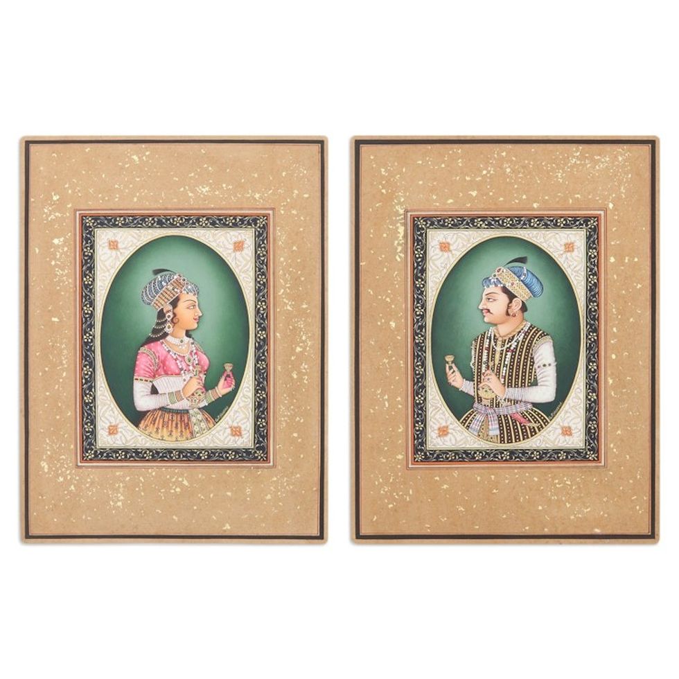 Stretched Diptych Portrait Painting Made by Natural Dyes 'Jahangir  Nurjahan'