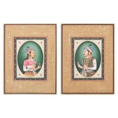 Alternate image for Stretched Diptych Portrait Painting Made by Natural Dyes Jahangir  Nurjahan