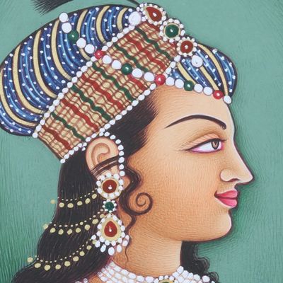 Alternate image for Stretched Diptych Portrait Painting Made by Natural Dyes Jahangir  Nurjahan