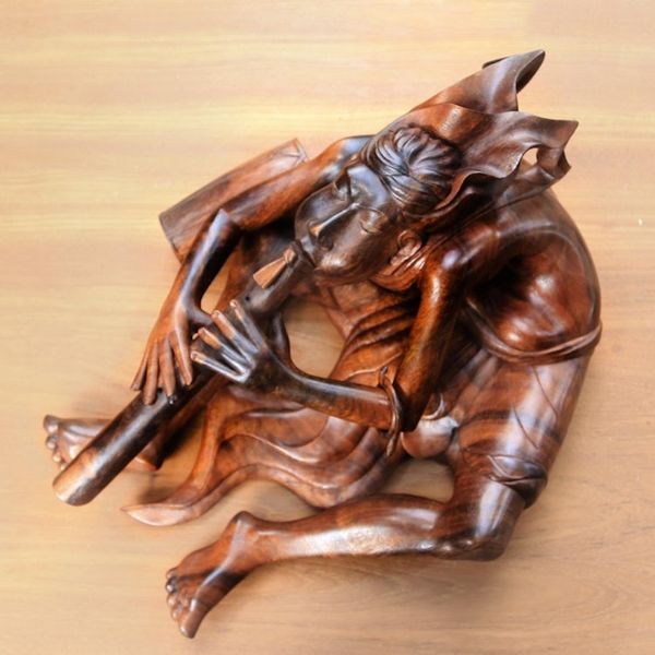 Alternate image for Signed Suar Wood Flutist Sculpture from Bali Balinese Flutist