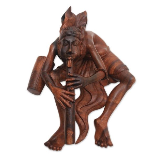Alternate image for Signed Suar Wood Flutist Sculpture from Bali Balinese Flutist