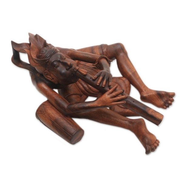 Alternate image for Signed Suar Wood Flutist Sculpture from Bali Balinese Flutist