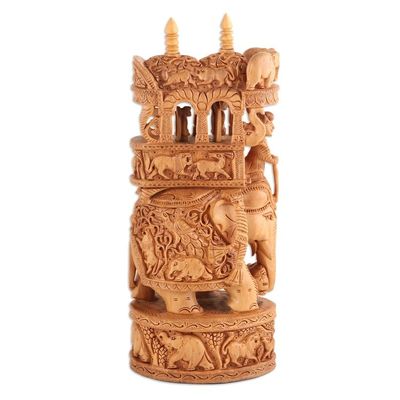 Alternate image for Elephant Wood Sculpture Exquisitely Hand-Carved in India Elephant Joyride