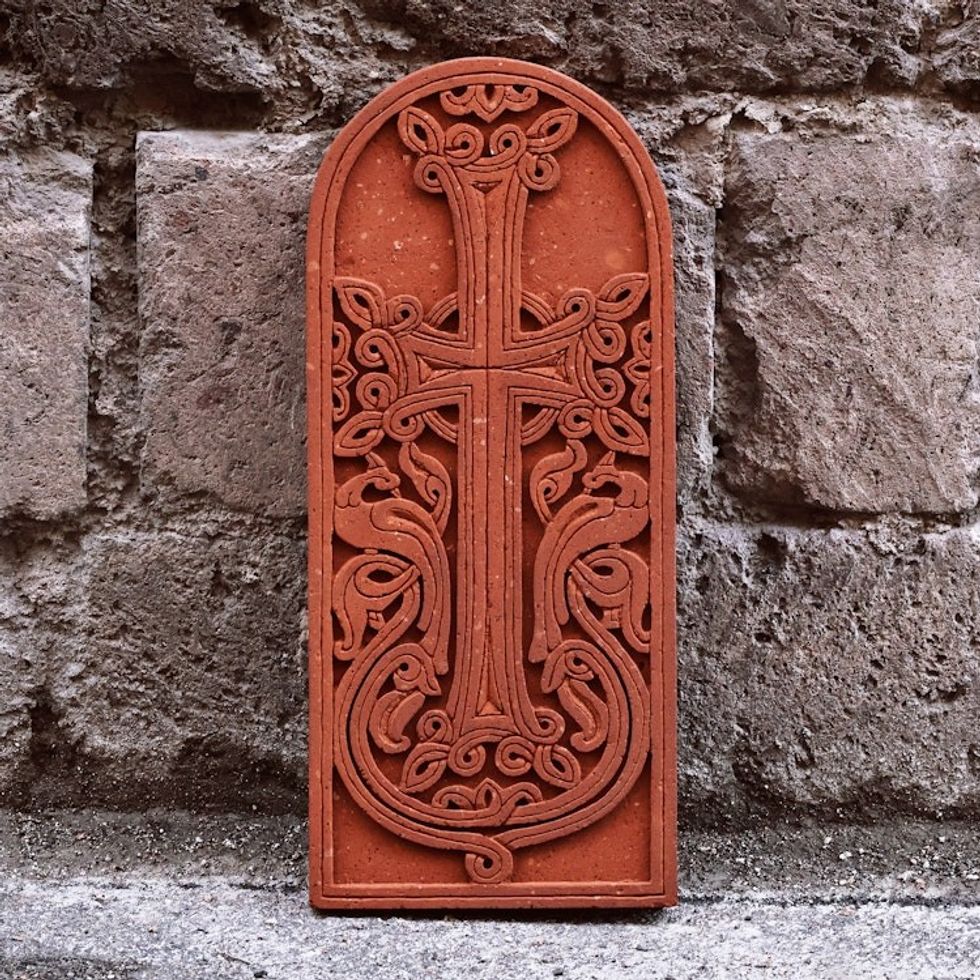 Traditional Red Tuff Stone Stela Sculpture from Armenia 'Altar to Devotion'