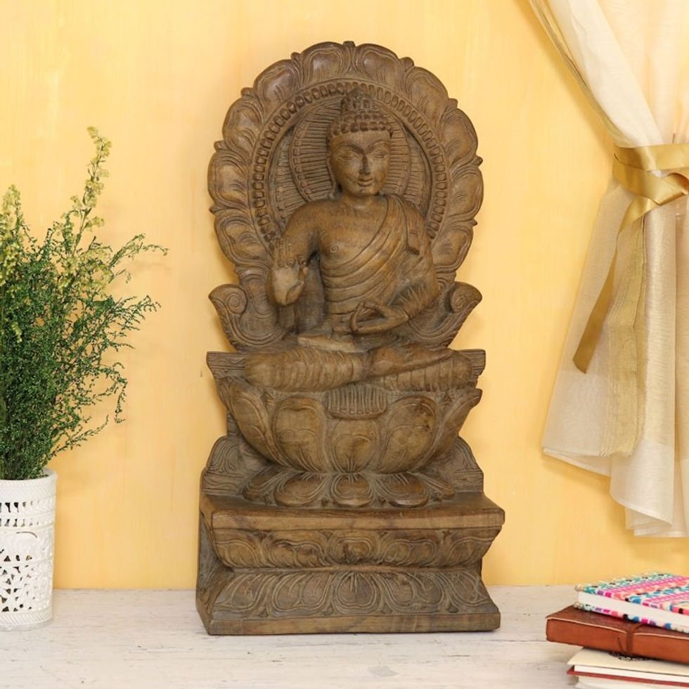 Hand-Carved Mango Wood Buddha Relief Sculpture from India 'Buddha Majesty'