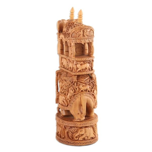 Alternate image for Elephant Wood Sculpture Exquisitely Hand-Carved in India Elephant Joyride
