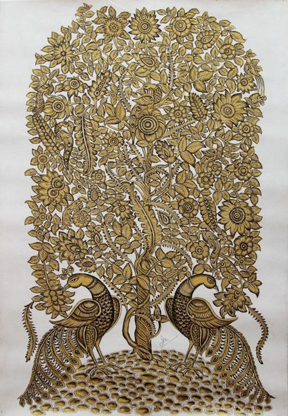 Kalamkari Style Folk Art Painting in Acrylic on Canvas 'Golden Fantasy'