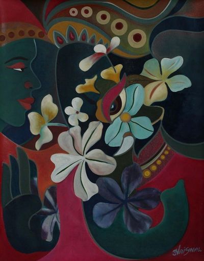 Alternate image for Floral Expressionist Painting of Faces from India Siddi Vinayak