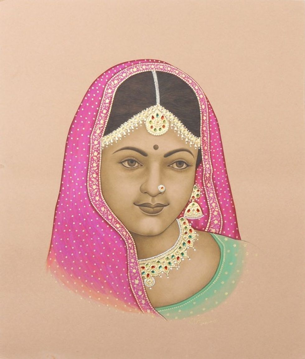 Beaded Portrait Painting Made with Vibrant Natural Dyes 'Princess of Rajasthan'