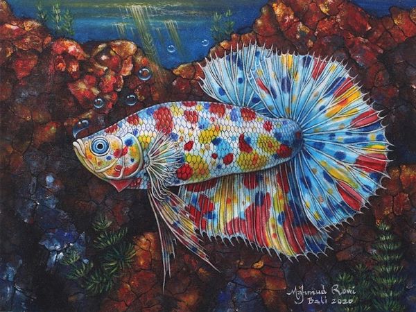 Alternate image for Signed Original Rainbow Betta Fish Painting from Bali Spiky Rainbow Betta