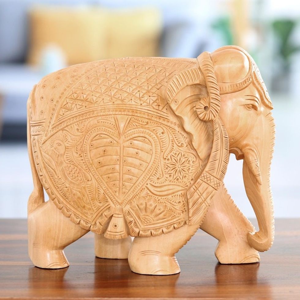 Wood Sculpture of Elephant in Robes Hand-Carved in India 'Formidable Elephant'