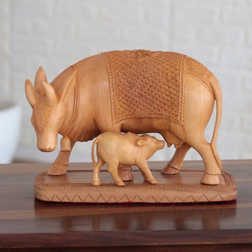 Indian Kadam Wood Sculpture with Cow Motif 'Ties That Bind'