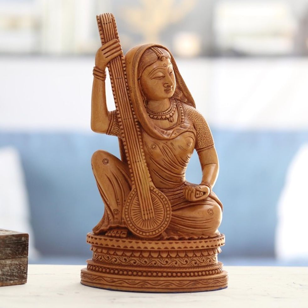 Wood Sculpture of Meera Mirabai Hand-Carved in India 'Enlightened Meera'