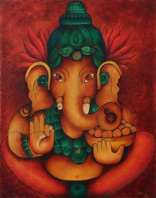 Alternate image for Signed Unstretched Hindu Painting of Ganesha in Warm Palette Gajanana