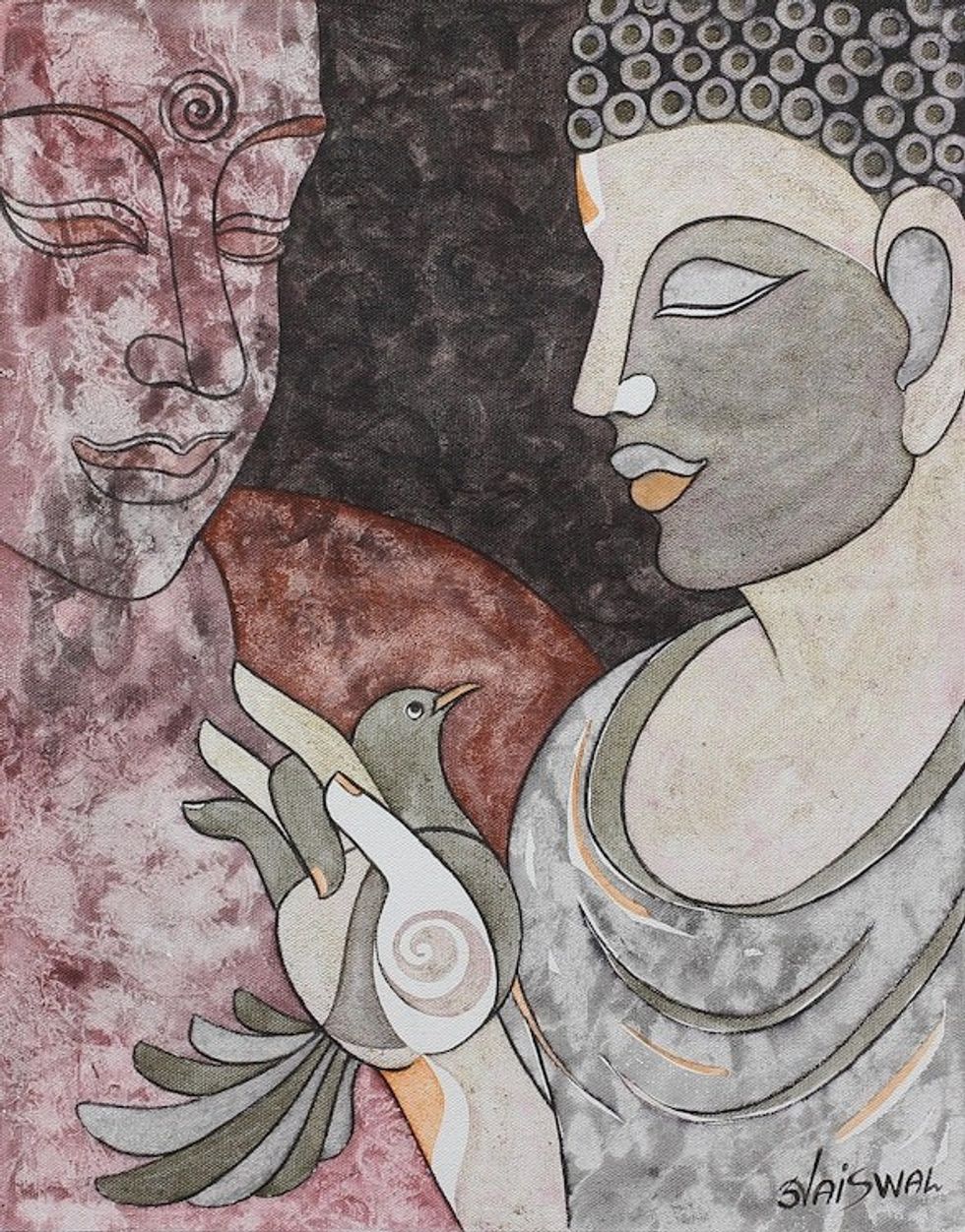 World Peace Project Cubist Painting of Buddha Advising 'Peaceful Thoughts'