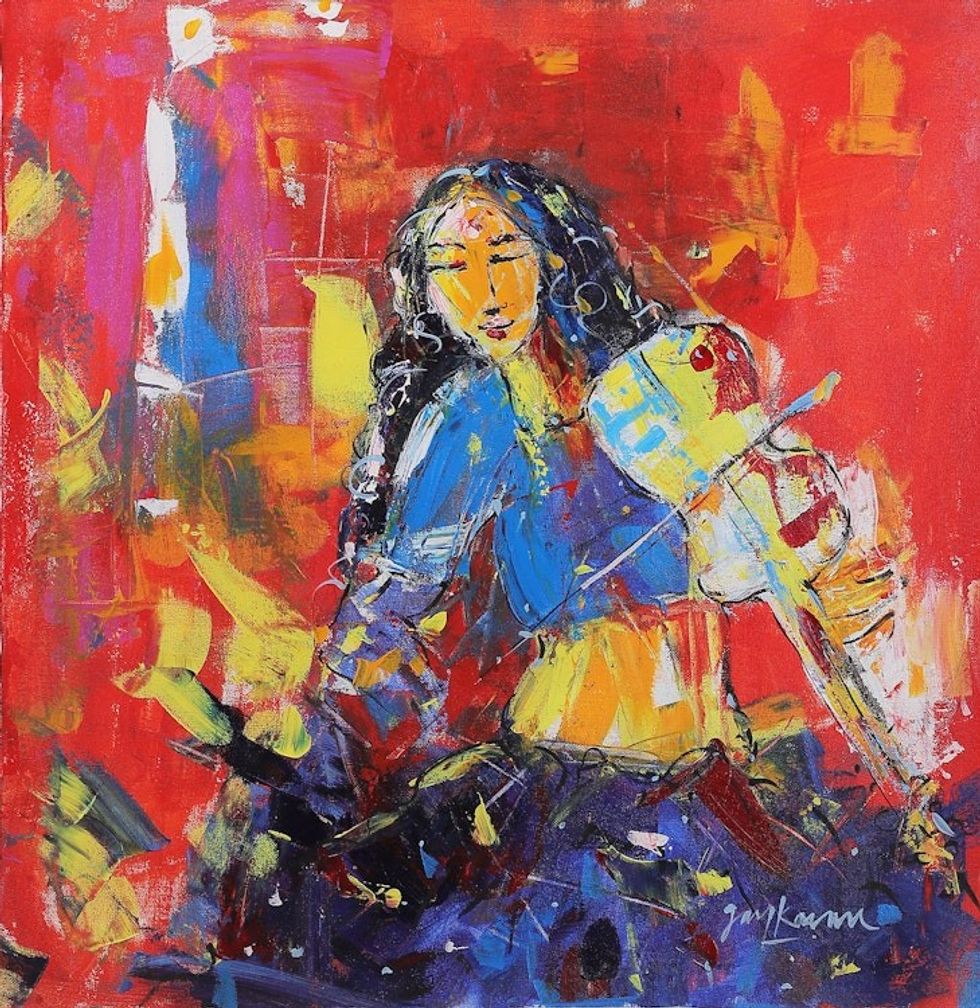 Unstretched Red and Blue Expressionist Acrylic Painting 'Violinist'