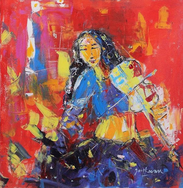 Alternate image for Unstretched Red and Blue Expressionist Acrylic Painting Violinist