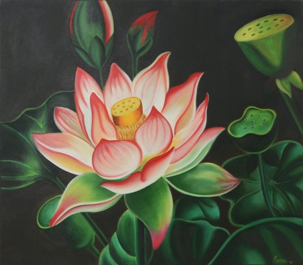 Signed Unstretched Impressionist Oil Painting of Lotus Bloom 'Lotus Pond'