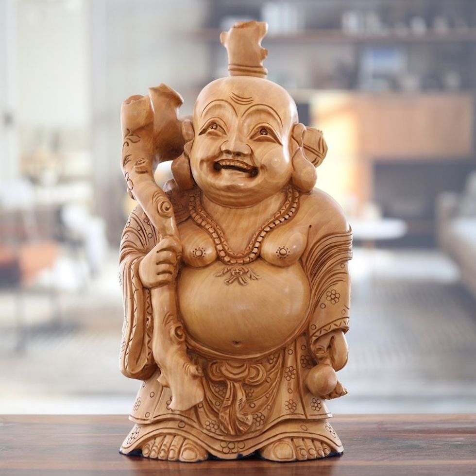 Hand-Carved Kadam Wood Buddha Sculpture from India 'Master's Smile'