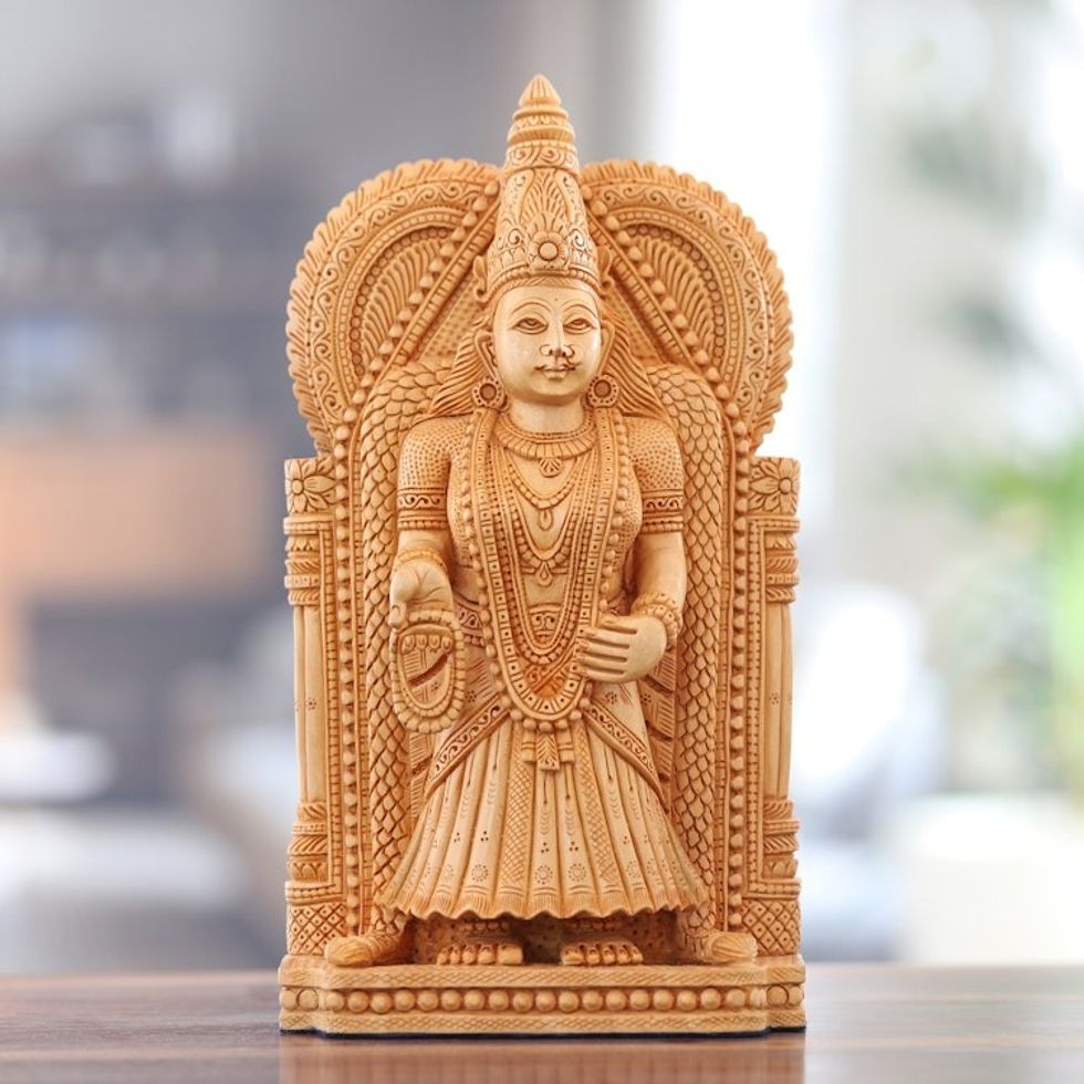 Hand-Carved Kadam Wood Lakshmi Sculpture from India 'Celestial Beauty'