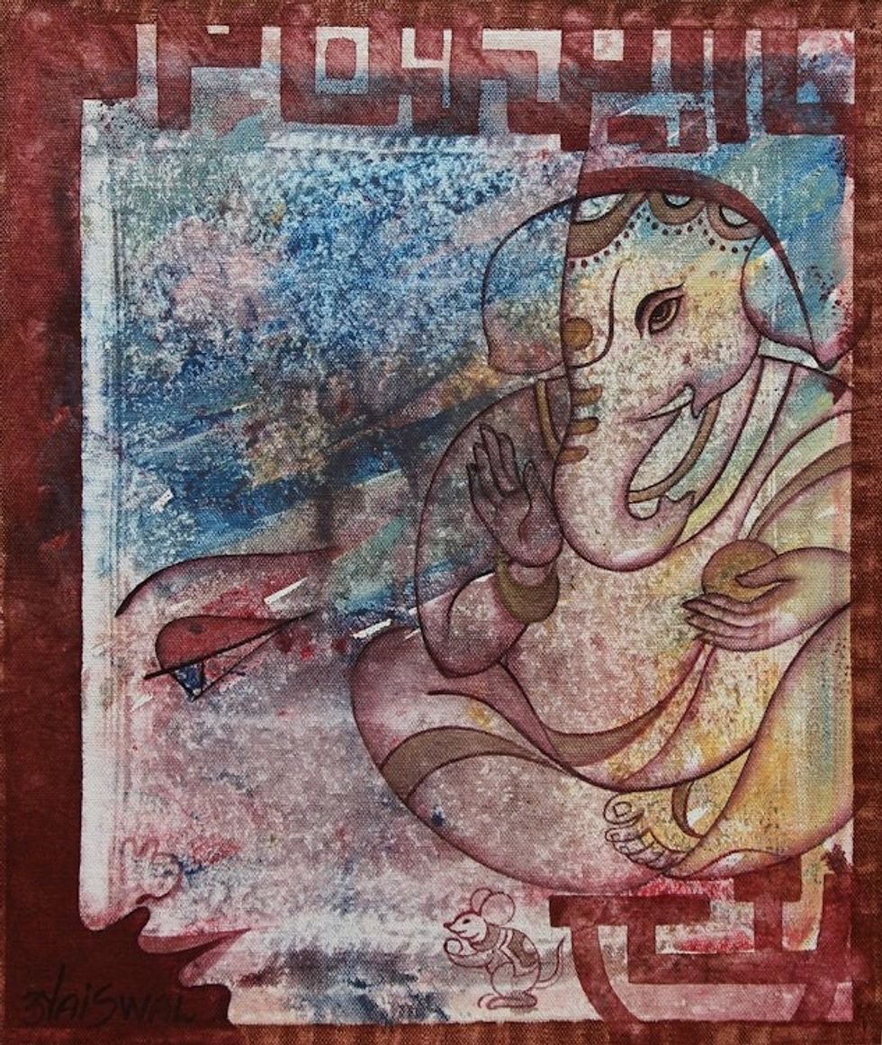 Lord Ganesha Hinduism Signed Painting Artwork from India 'Devotion'