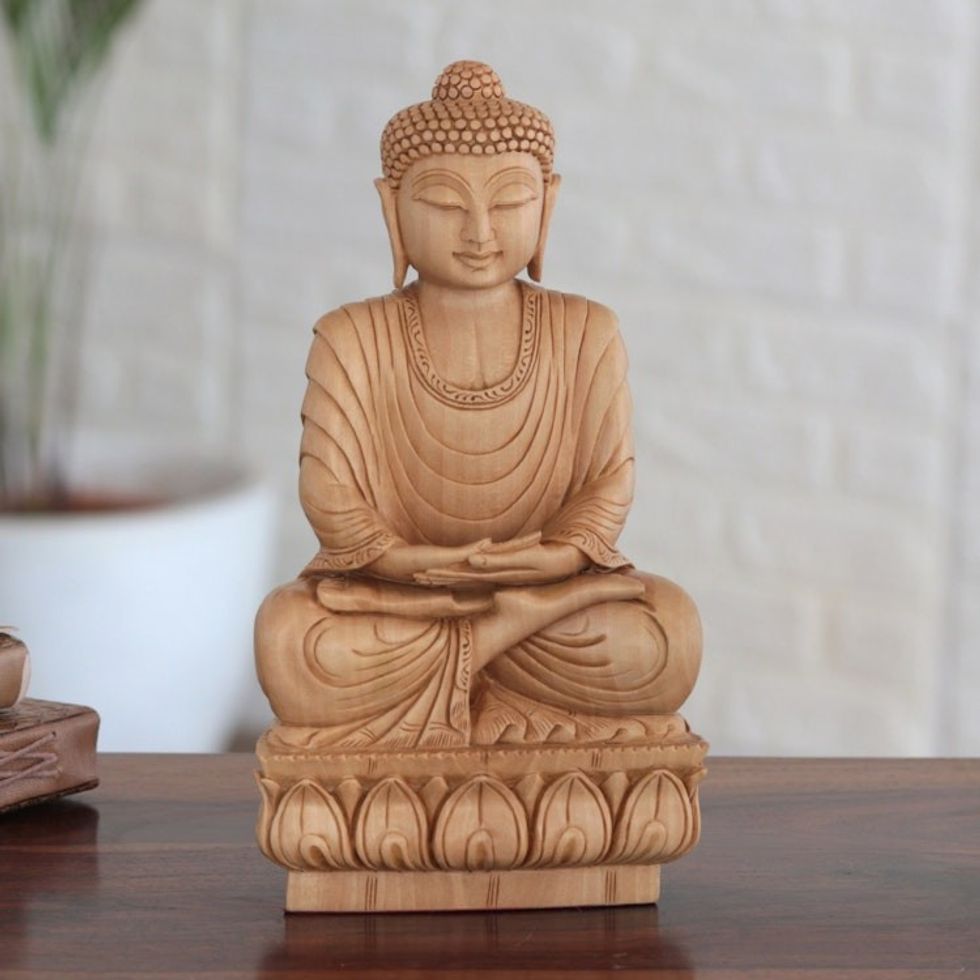 Indian Kadam Wood Sculpture with Buddha Motif 'With Peace'