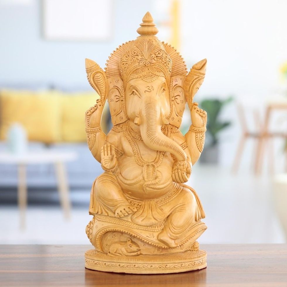 Wood Sculpture of Hindu God Ganesha Hand-Carved in India 'Almighty Ganesha'