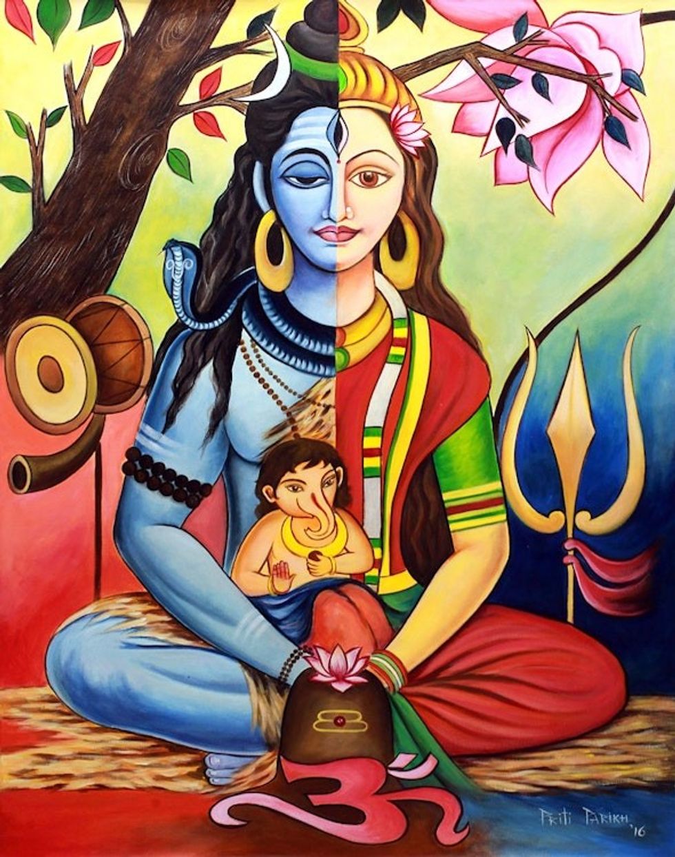 Multicolor Signed Hindu Painting Shiva Parvati and Ganesha 'Shiva's Family'