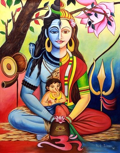 Alternate image for Multicolor Signed Hindu Painting Shiva Parvati and Ganesha Shivas Family