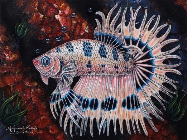 Alternate image for Original Signed Betta Fish Painting from Bali White and Black Betta