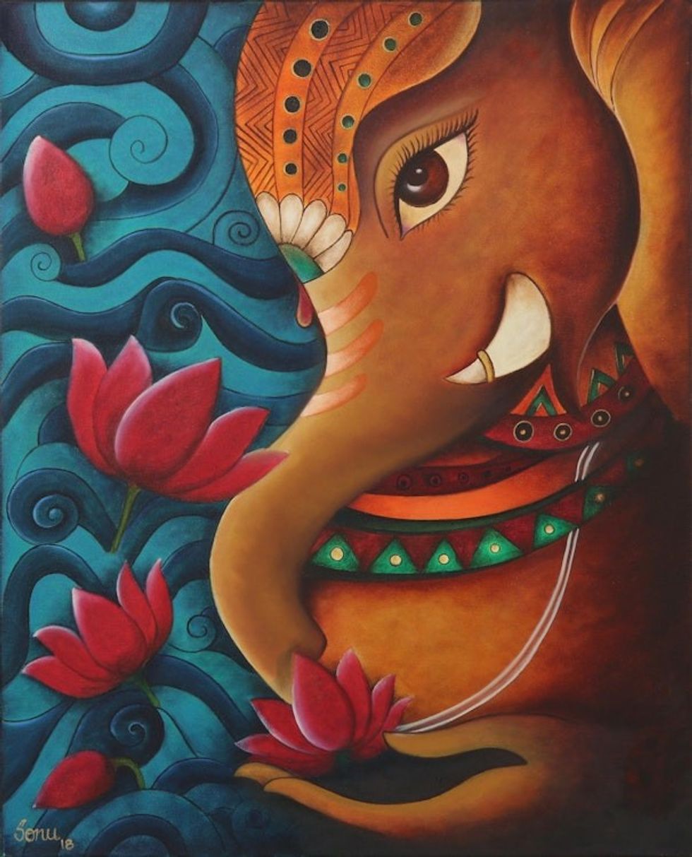 Signed Unstretched Hindu Painting of Ganesha with Lotuses 'Ekadanta'