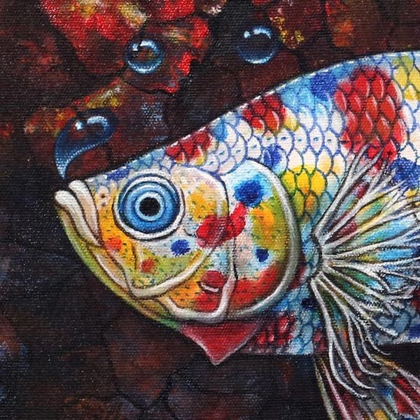 Alternate image for Signed Original Rainbow Betta Fish Painting from Bali Spiky Rainbow Betta