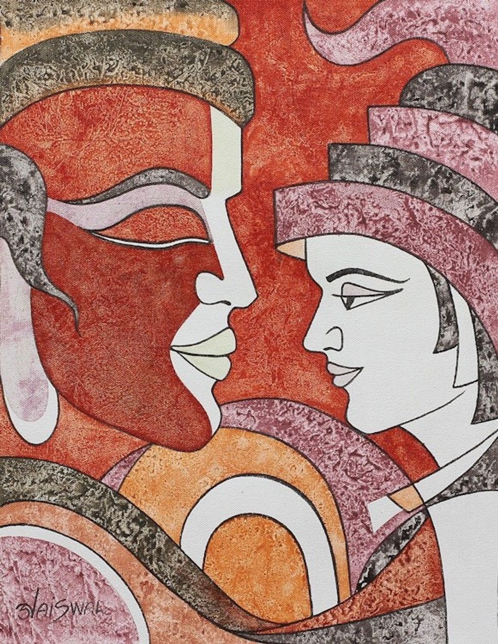 Cubist Painting of a Father and Son from India 'Father and Son'