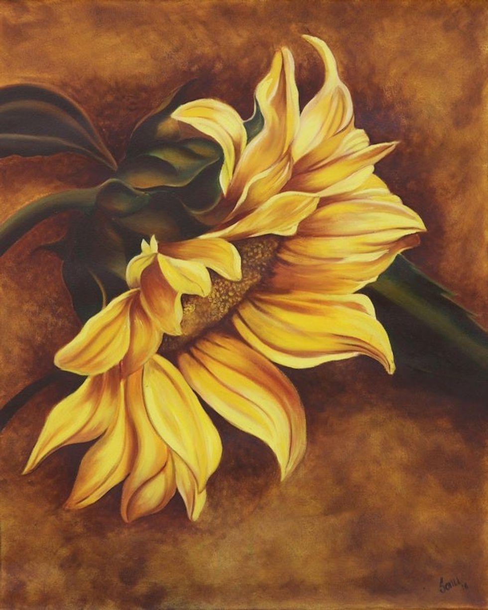 Signed Realist Painting of a Sunflower from India 'Sunflower Bliss'