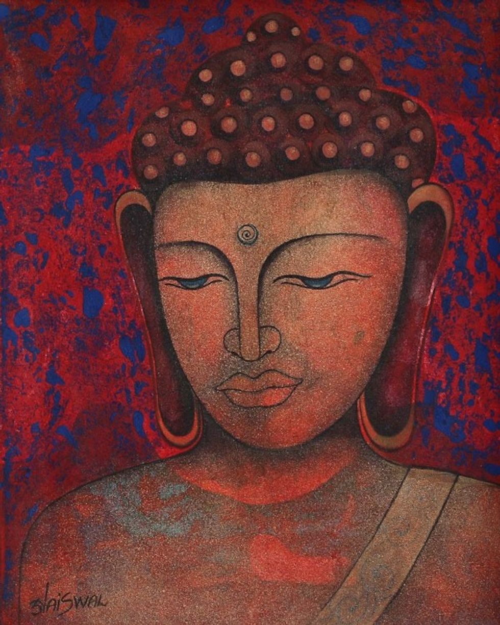 Expressionist Painting of Buddha in Red from India 'Buddha - Peace Be on Earth'