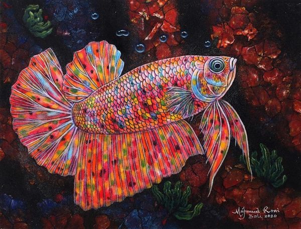 Alternate image for Signed Balinese Painting of a Siamese Fighting Fish Rainbow Betta