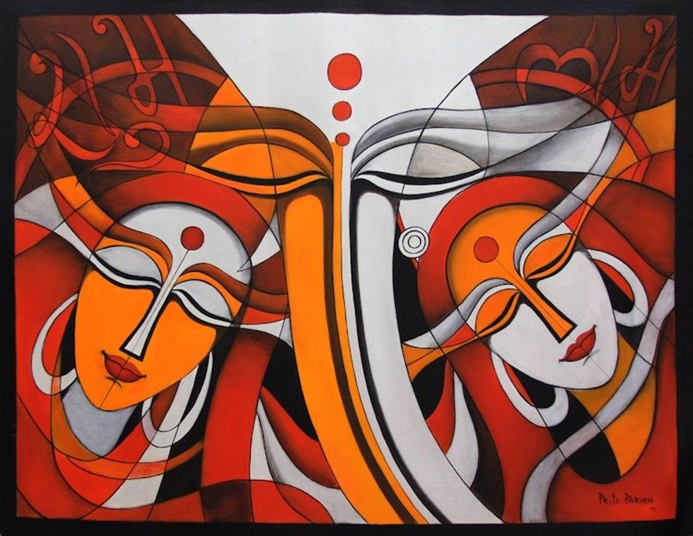 Original Acrylic on Canvas Painting of Ganesha in Orange Red 'Ganesha Family'