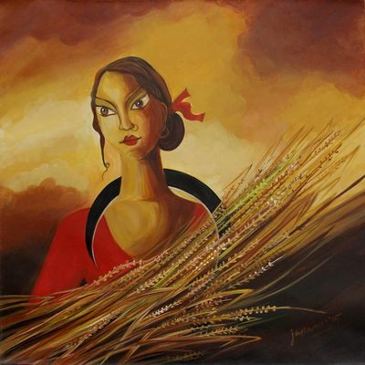 Alternate image for Indian Womans Portrait in Signed Acrylic on Canvas NeoMarxian I