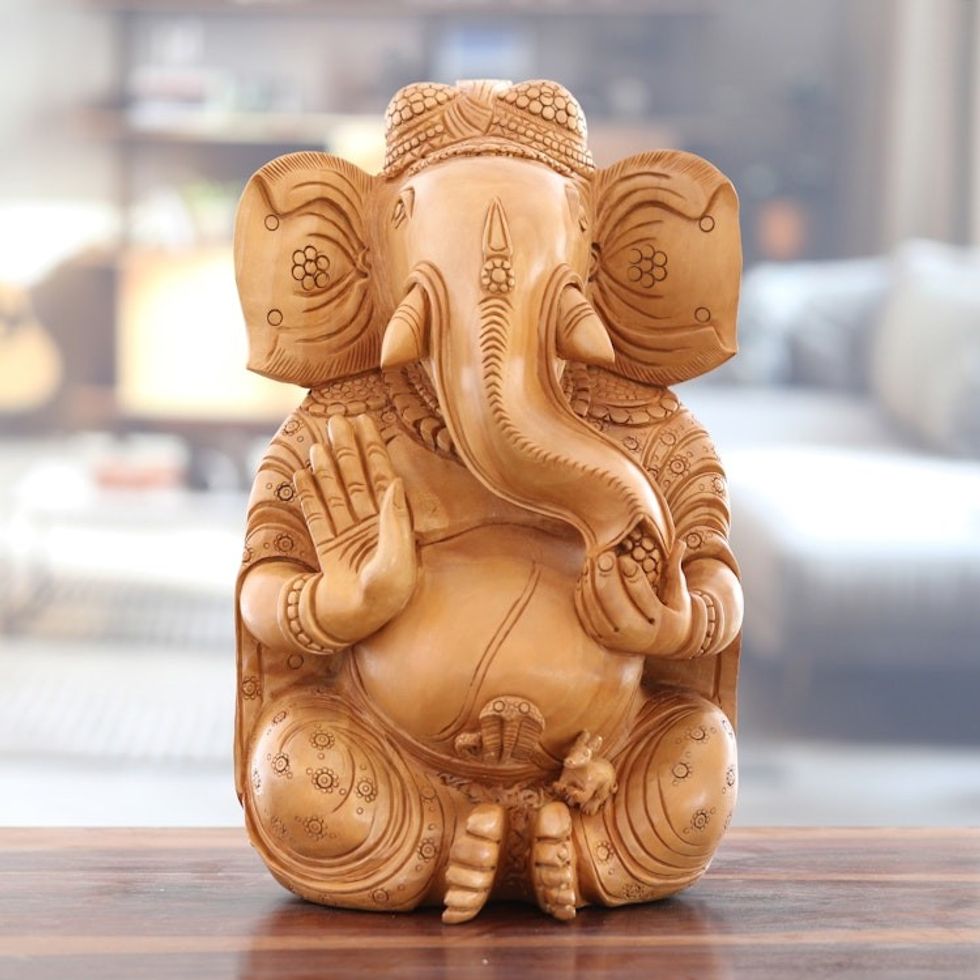 Brown Kadam Wood Sculpture of Ganesha Crafted in India 'Celestial Blessing'