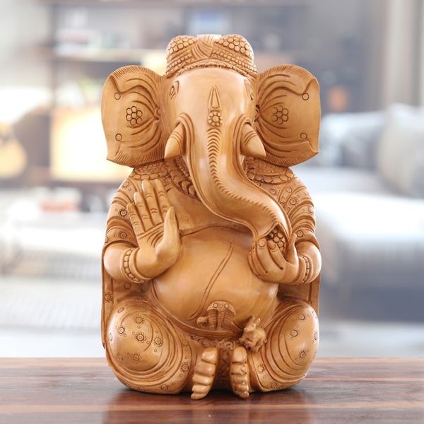 Alternate image for Brown Kadam Wood Sculpture of Ganesha Crafted in India Celestial Blessing